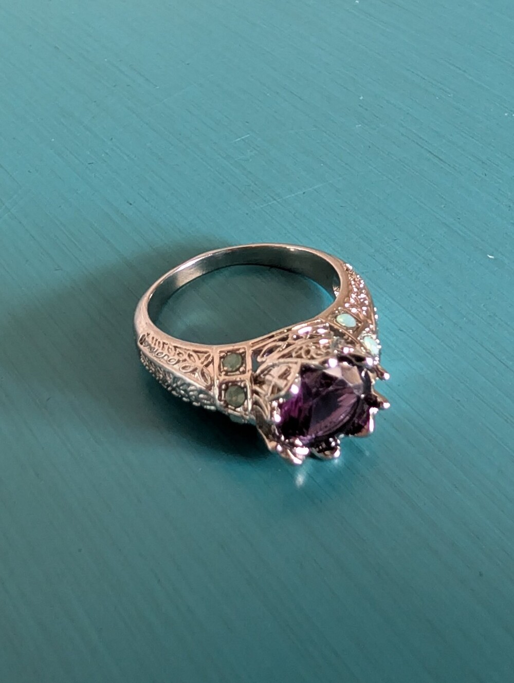 Art Deco Vintage Inspired Purple Faux Opal Statement Ring Silver Tone Filigree - Picture 7 of 13